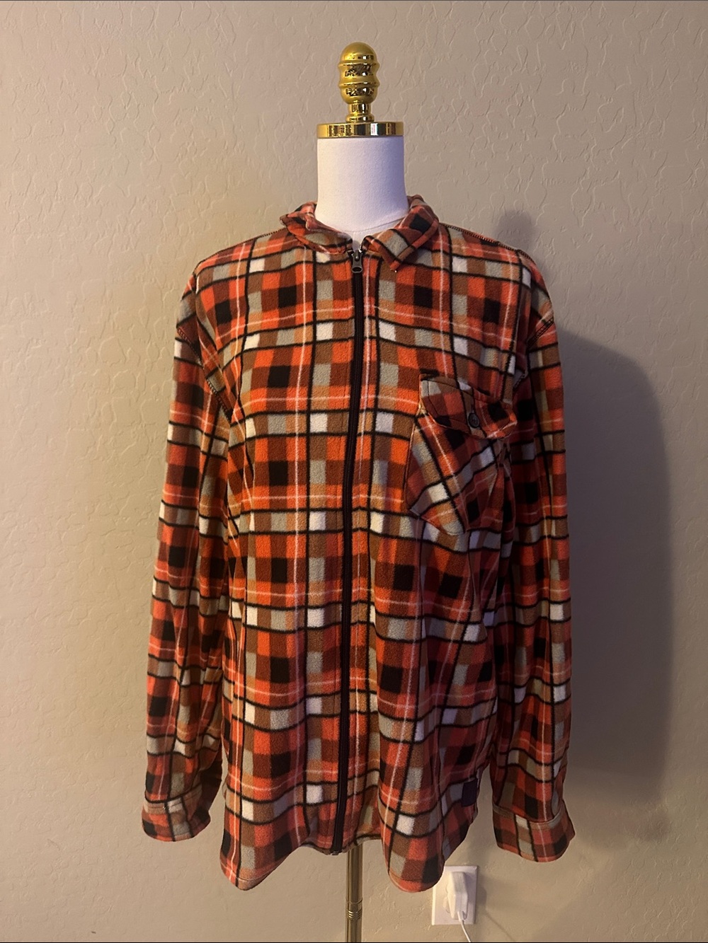 Men's Orange and Brown Plaid Zip-Front Jacket